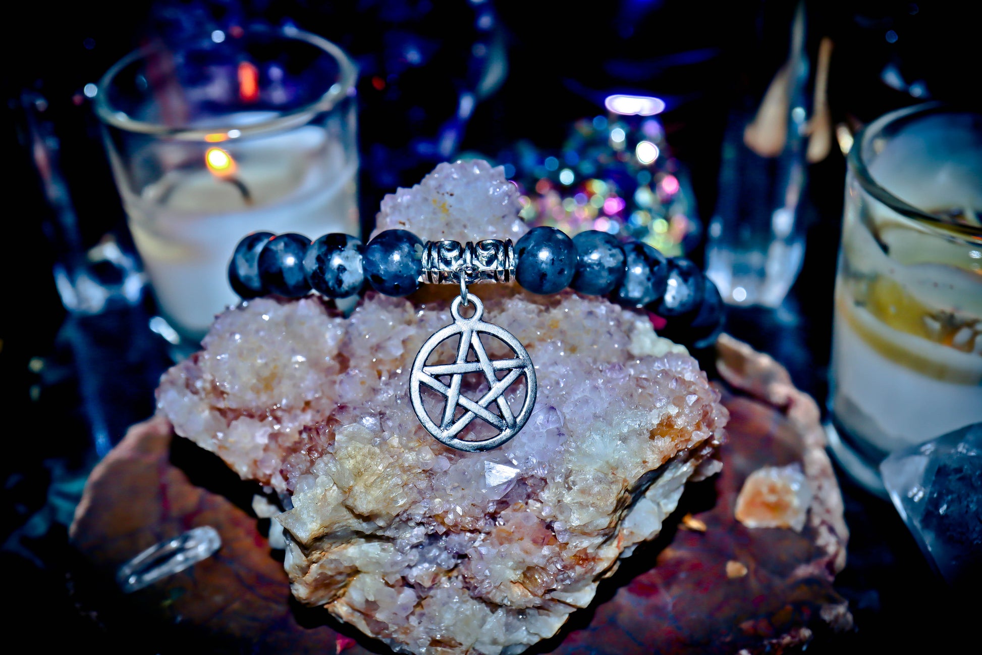 Morrigan Pagan Goddess Pentacle Charm Bracelet Larvikite Gemstone!