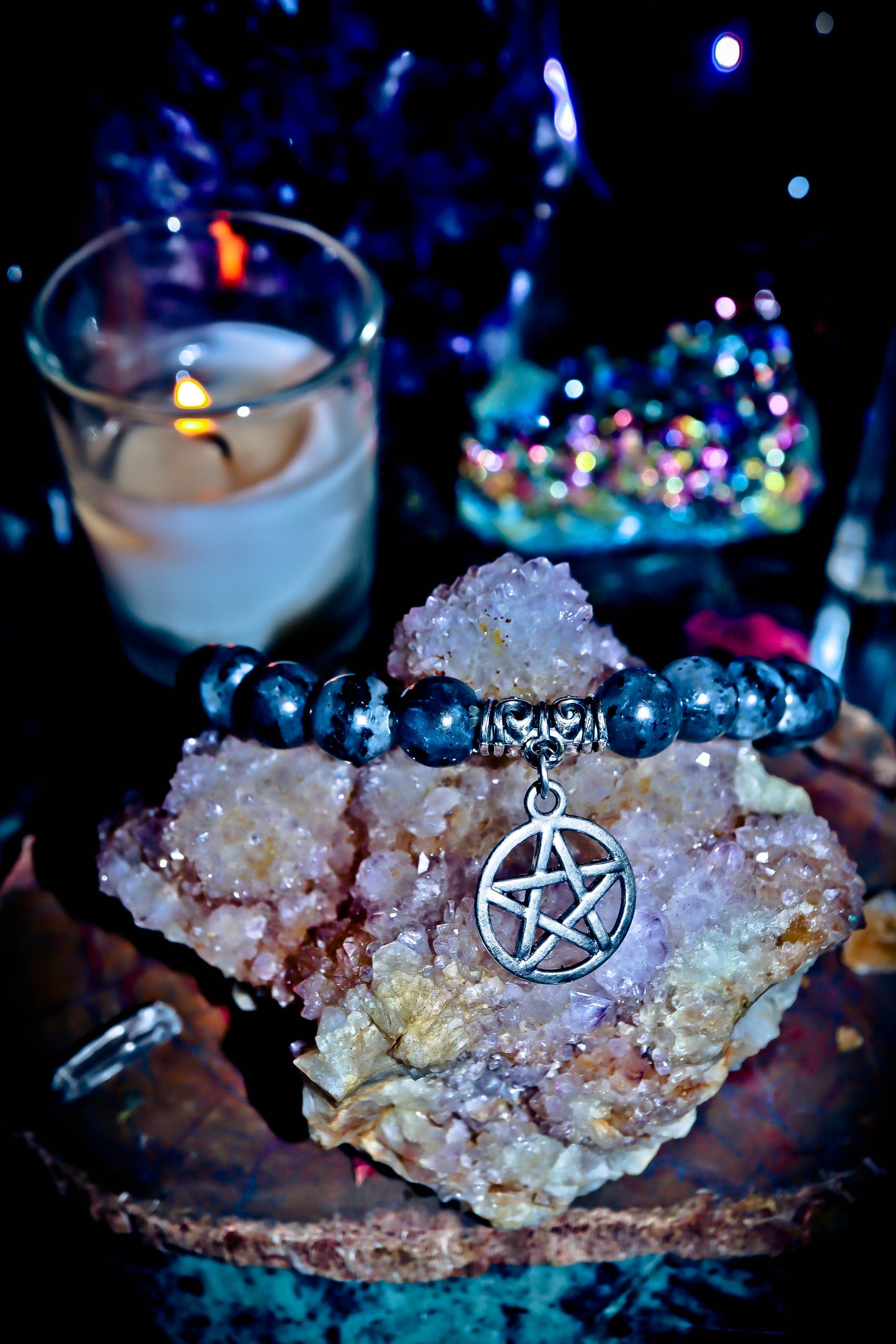 HAUNTED Goddess MORRIGAN Larvikite Gemstone Bracelet w/ Pentacle Charm ~ Fortune Telling, 3rd Eye Ability, Premonition, Magickal Power & More! $$$