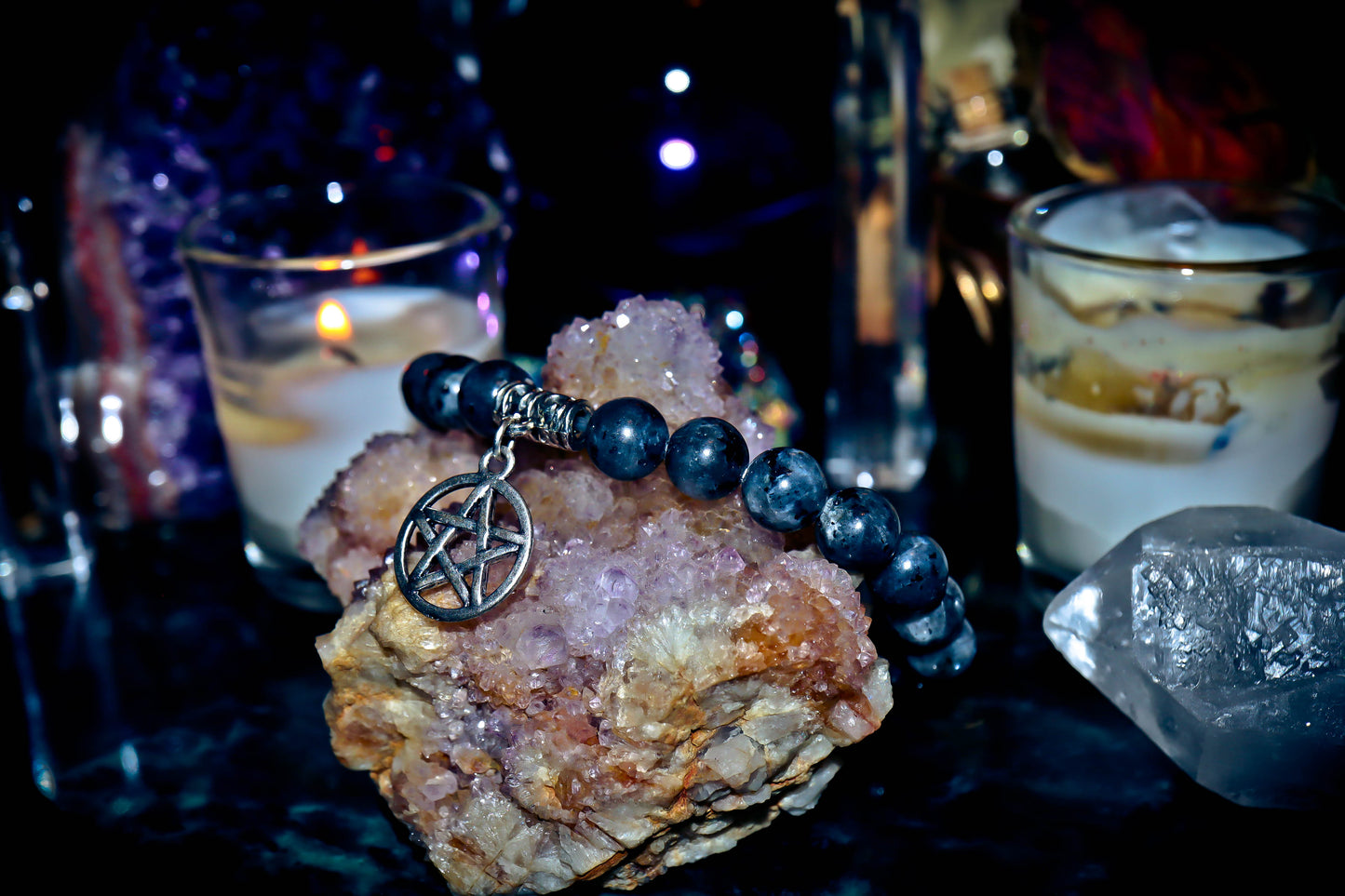 HAUNTED Goddess MORRIGAN Larvikite Gemstone Bracelet w/ Pentacle Charm ~ Fortune Telling, 3rd Eye Ability, Premonition, Magickal Power & More! $$$