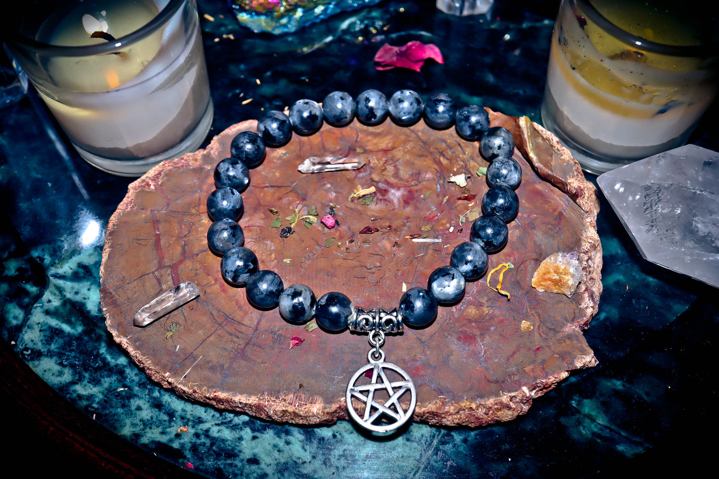 HAUNTED Goddess MORRIGAN Larvikite Gemstone Bracelet w/ Pentacle Charm ~ Fortune Telling, 3rd Eye Ability, Premonition, Magickal Power & More! $$$