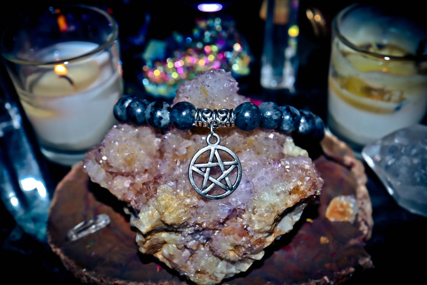 HAUNTED Goddess MORRIGAN Larvikite Gemstone Bracelet w/ Pentacle Charm ~ Fortune Telling, 3rd Eye Ability, Premonition, Magickal Power & More! $$$