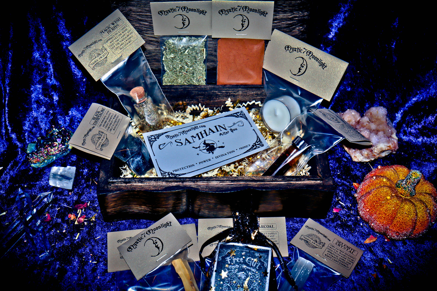 ** SAMHAIN ** BOX OF WISHES! HAUNTED GENIE CHARGING BOX WITH SET OF 10 SPELL HERBS & SPIRIT OFFERINGS! **FULL MOON TRIPLE CAST** LIMITED