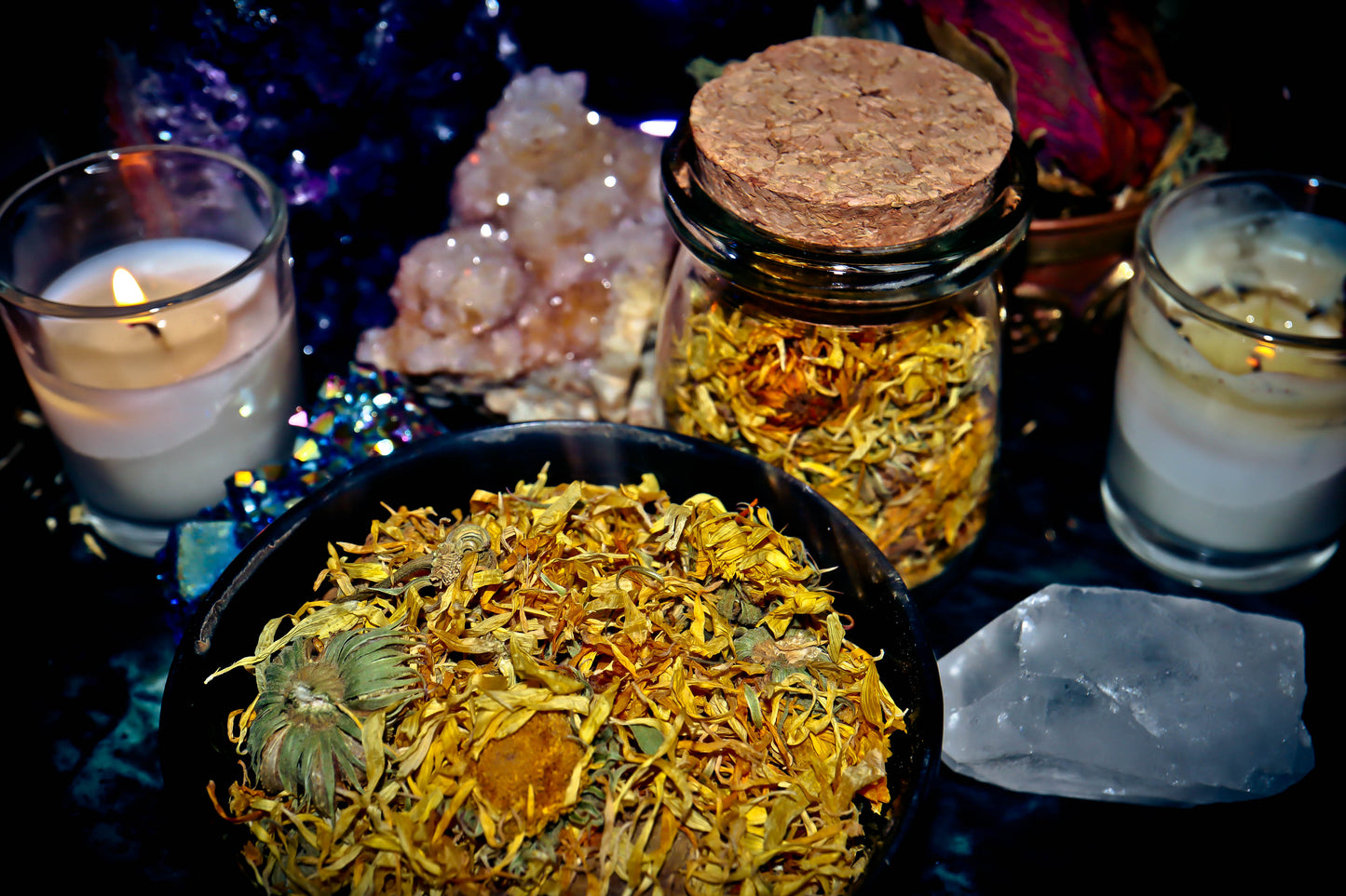 CALENDULA Magickal Spellcast Dried Herbs ~ Spirit Offering, Amplify Blessings & Wishes, Sun Energy, Healing & Strength! Premium Apothecary Glass Bottle w/ Cork